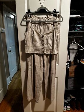 Women's Beige Two-Piece Linen Jumpsuit Set - Button-Front  Top & Wide Leg Pants